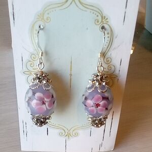Handmade Easter Egg Earrings Lampwork Glass Pastel Lavender Purple Pink Church